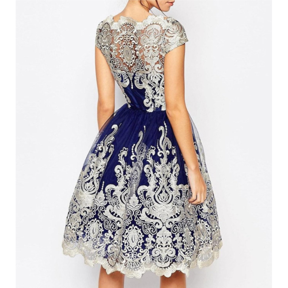 Women's Blue Lace Metallic Gold Embroidered Formal Cocktail Dinner Party Dress - Picture 2 of 13